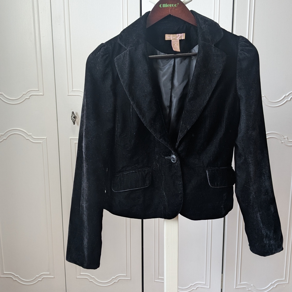 Forever 21 Black Velvet Cropped Blazer Classic Notched LapelbSzM